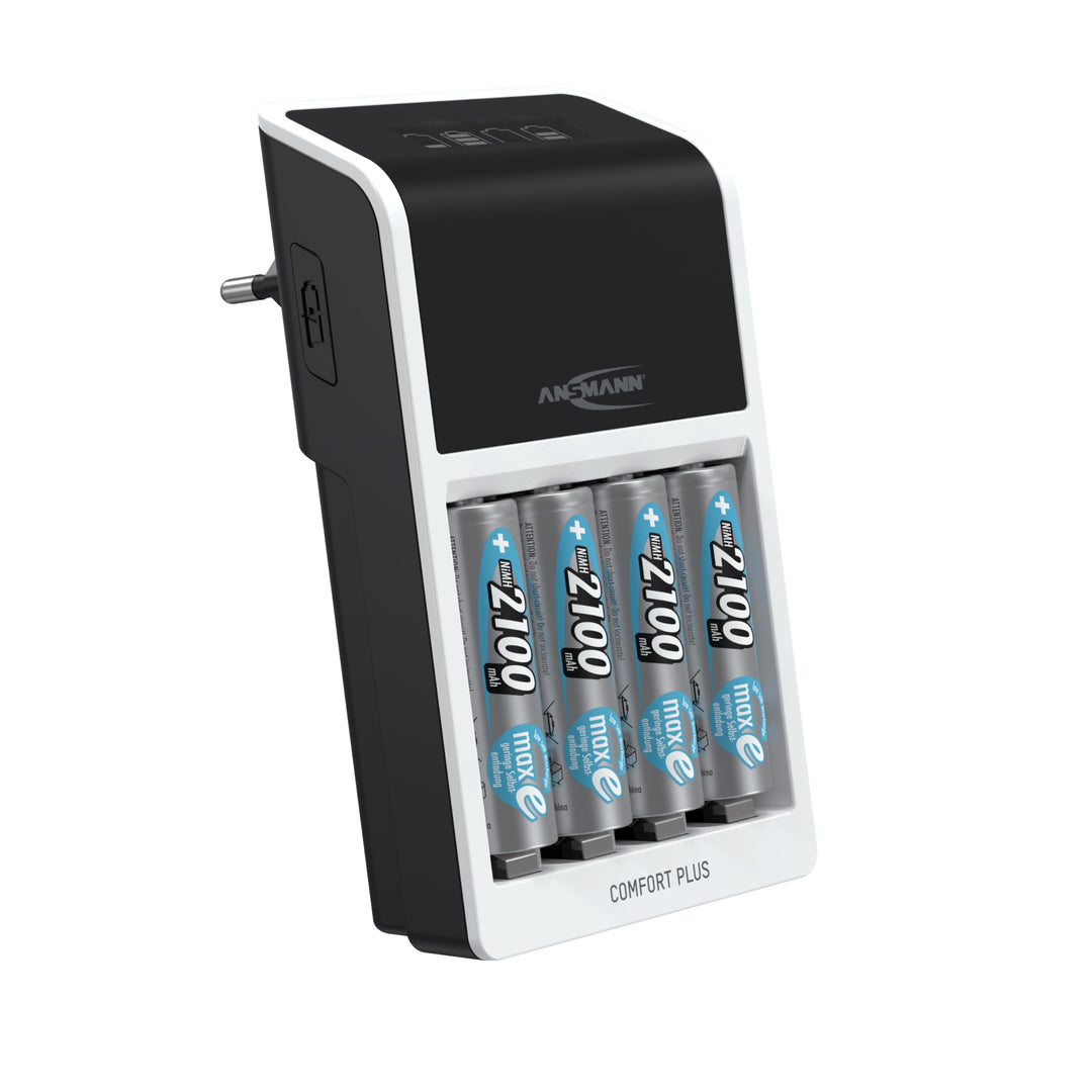 ANSMANN Comfort Plus Akkuladegerät + 4× ANSMANN AA 2100mAh Akkus- kompatibel für 1-4 NiMH Akkus Micr