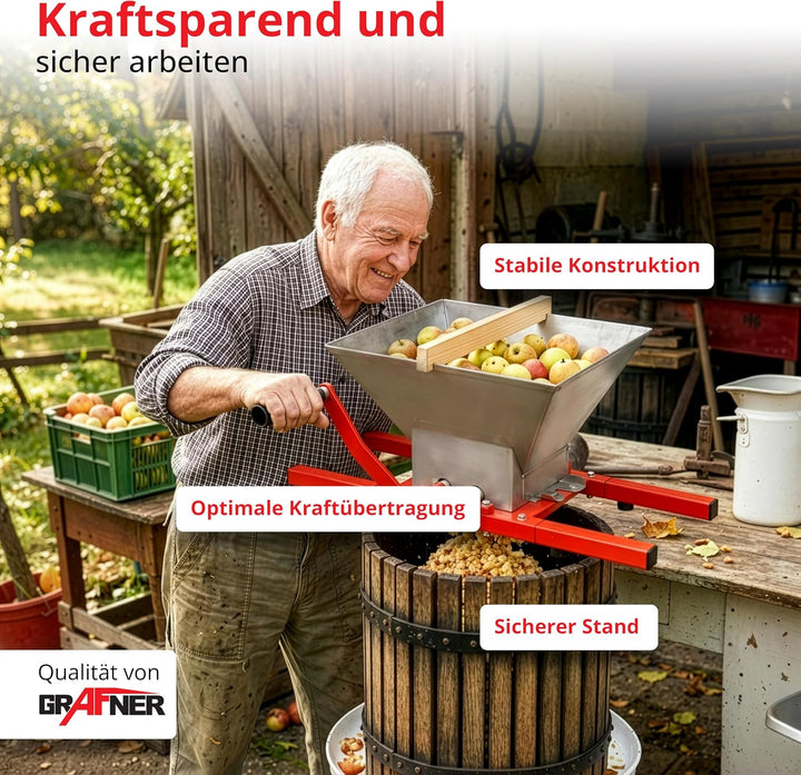 Grafner Obstmühle 7 Liter, Massive Ausführung mit Handkurbel, Apfelpresse Beerenmühle Traubenmühle S