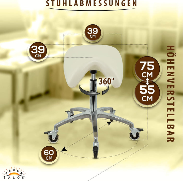 Premium Sattelhocker weiss mit Bremse, Sattelstuhl für Rückenentlastung, Rollhocker höhenverstellbar