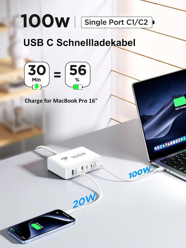 USB C Ladegerät, 165W 6-Port USB Mehrfach Ladegerät, 100W Schnellladegerät USB C PD 3.0 Power Adapte