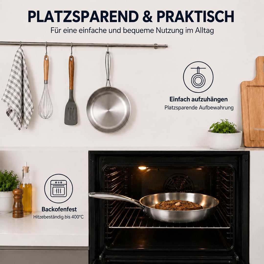 Edelstahlpfanne 30 cm, Durchgehend 3-lagig (3 mm) Bratpfanne | Unbeschichtet, Energieeffizient, für