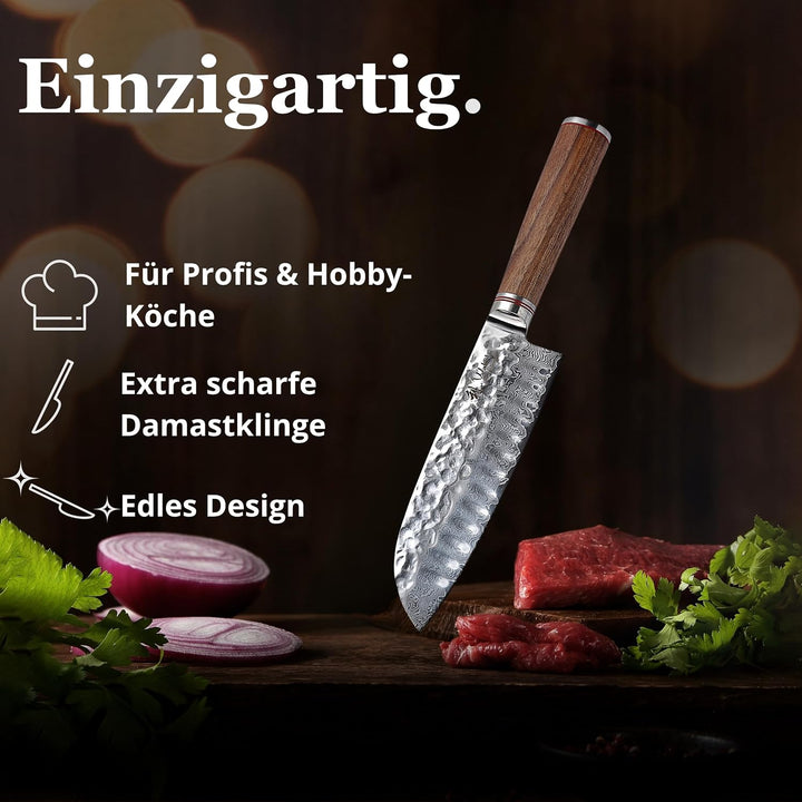Wakoli Nussbaum Exklusives Premium Damast Santoku Messer 17,50 cm extrem scharfe Klinge I Profi Koch