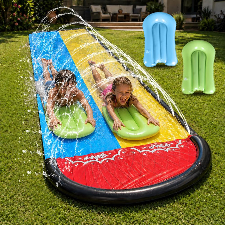 Wasserrutsche Garten, 6,1 * 1,4M Doppel Wasserrutschmatte, Wasserspielzeug Outdoor mit 2 Surfboard,