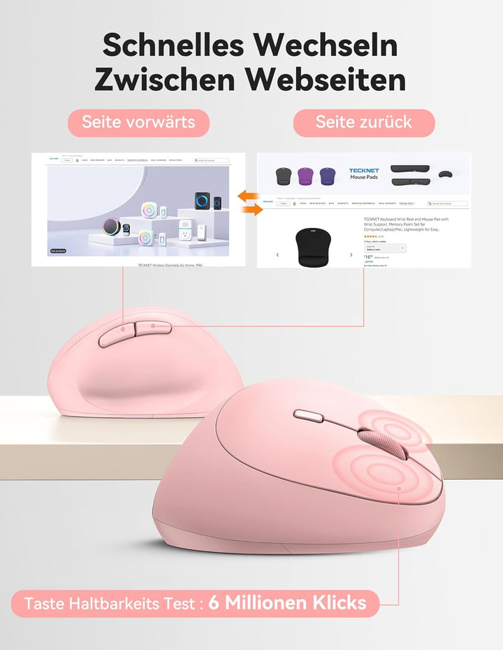 TECKNET Ergonomische Maus Kabellos, 4800 DPI Vertikale Maus, 99% Lärmminderung, 6 Tasten, 2.4G Compu