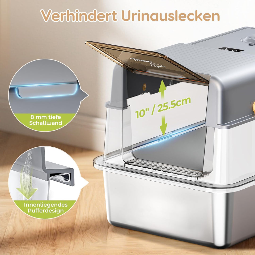 Katzenklo Edelstahl XXL mit Deckel, Streuluft-Desodorierungssystem | 105° Klappdeckel 3-in-1 Grosse