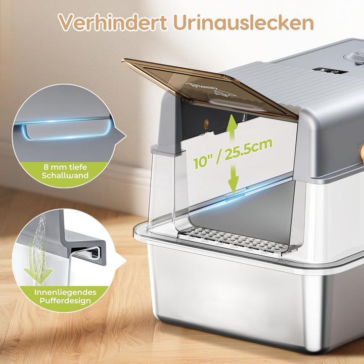 Katzenklo Edelstahl XXL mit Deckel, Streuluft-Desodorierungssystem | 105° Klappdeckel 3-in-1 Grosse