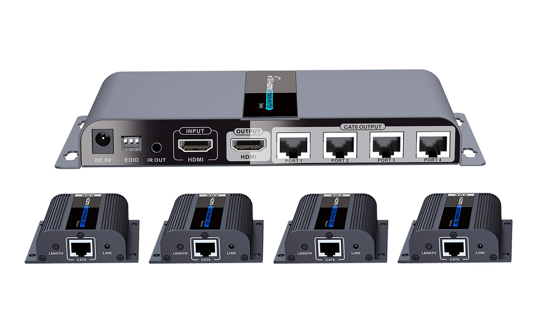 PremiumCord HDMI 1-4 Splitter + 4X Extender über Patchkabel CAT6 / 6a / 7, mit Netzteil, Metallgehäu