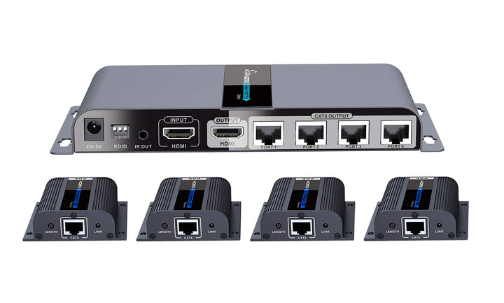 PremiumCord HDMI 1-4 Splitter + 4X Extender über Patchkabel CAT6 / 6a / 7, mit Netzteil, Metallgehäu
