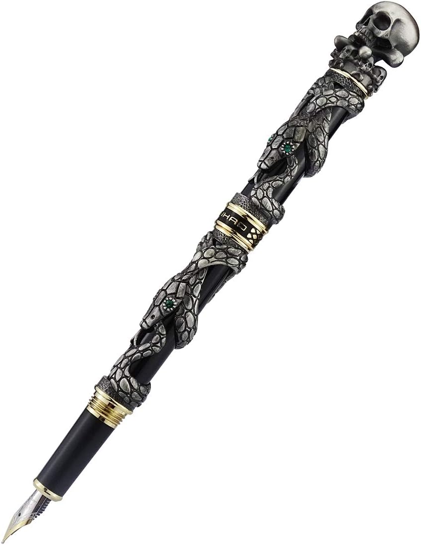 Jinhao Füllfederhalter, Schwarz, mittlere Feder, Retro-Stil, mit Totenkopfkopf, massives Metall und