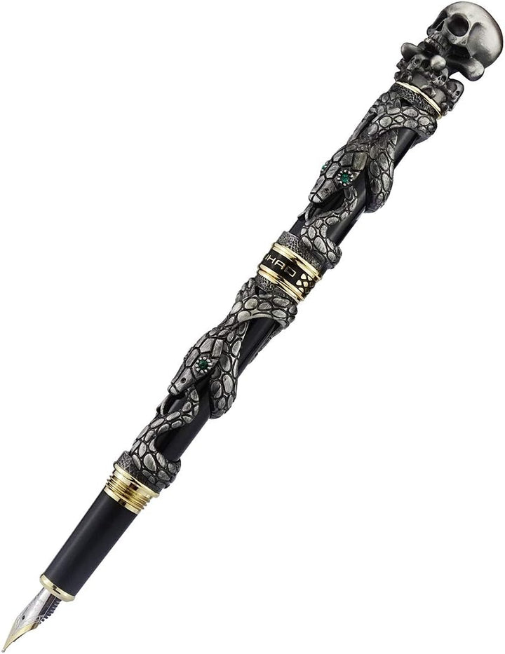 Jinhao Füllfederhalter, Schwarz, mittlere Feder, Retro-Stil, mit Totenkopfkopf, massives Metall und