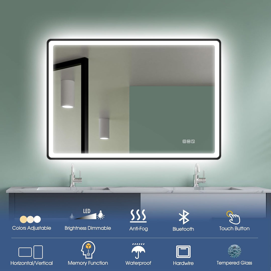 STARLEAD 70x100cm Schwarz LED-Badspiegel-mit-Beleuchtung und Bluetooth, Entfoggen, Dimmbar, 3 Lichtf