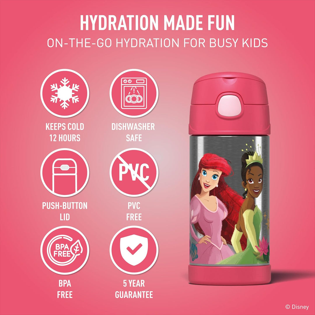 Thermos kids FUNTAINER STRAW BOTTLE DISNEY 0,35 l, Princesses, Thermoflasche Kinder aus Edelstahl mi