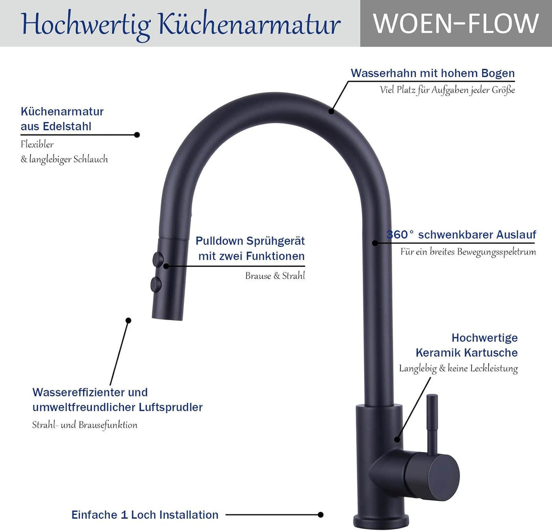 Wasserhahn Küche Schwarz, Hochdruck Küchenarmatur Ausziehbar 360° Schwenkbar, Einhebel Spültischarma