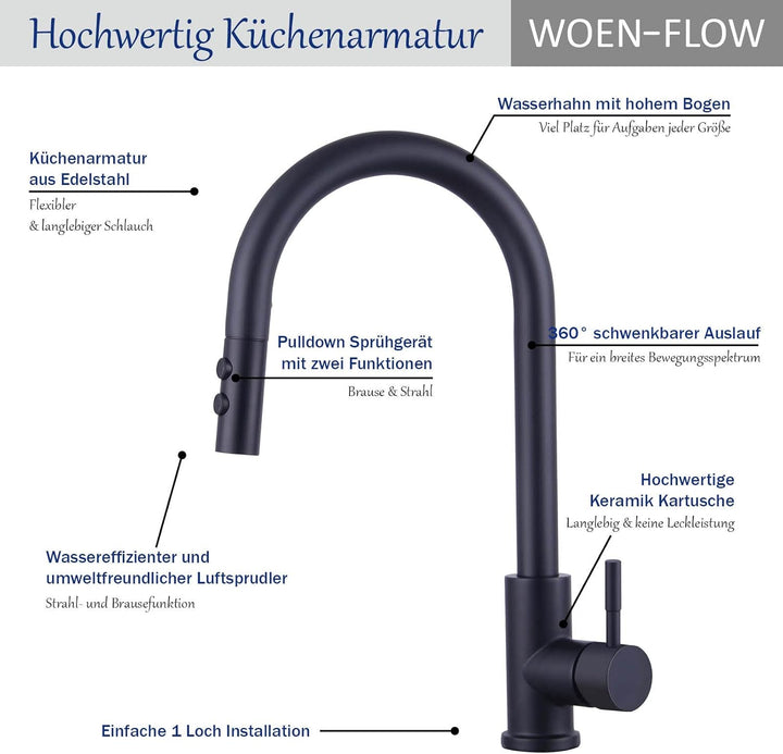 Wasserhahn Küche Schwarz, Hochdruck Küchenarmatur Ausziehbar 360° Schwenkbar, Einhebel Spültischarma