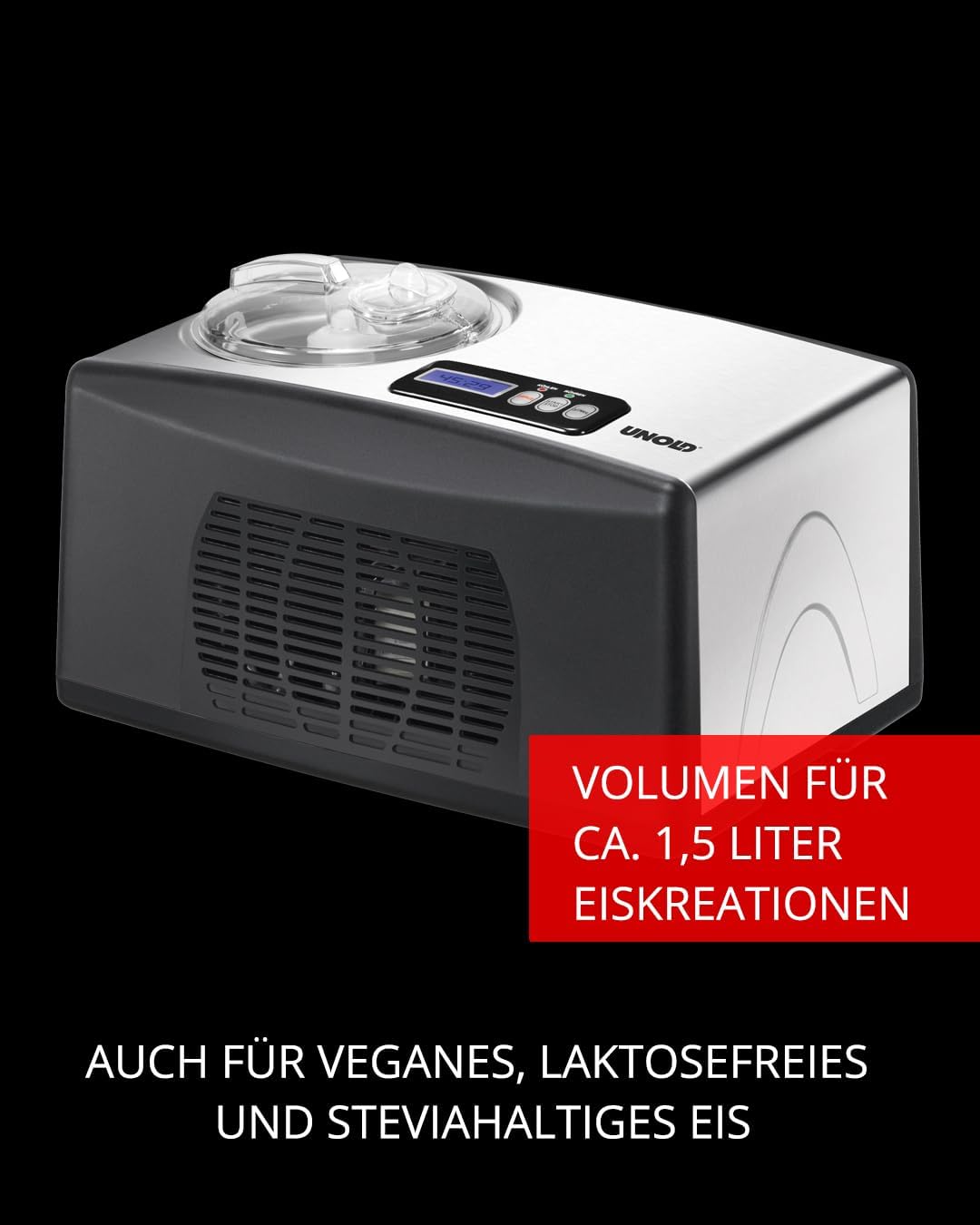 UNOLD Eismaschine Cortina, mit Kompressor, 1,5 Liter Eiscreme, 48806 Schwarz-silber