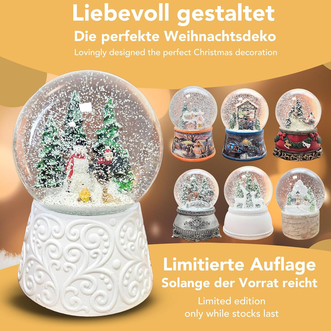 Schneekugel Weihnachten Spieluhr | Schneemann Steht Kind auf Schlitten| Ornament Sockel weiss | Höhe