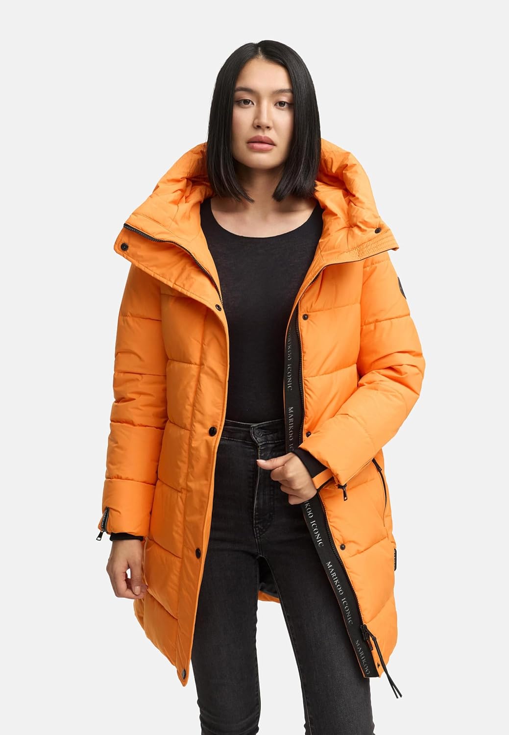 MARIKOO Damen Wintermantel warmer Steppmantel lang mit Kapuze und hohem Kragen Karumikoo XVI XS-5XL