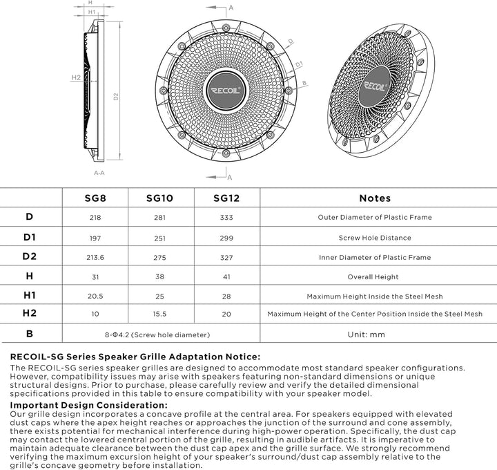 RECOIL SG-10 10-Zoll（25 cm Subwoofer-Gitter aus schwarzem Stahlgeflecht mit hohem Hub (10 Zoll), 10