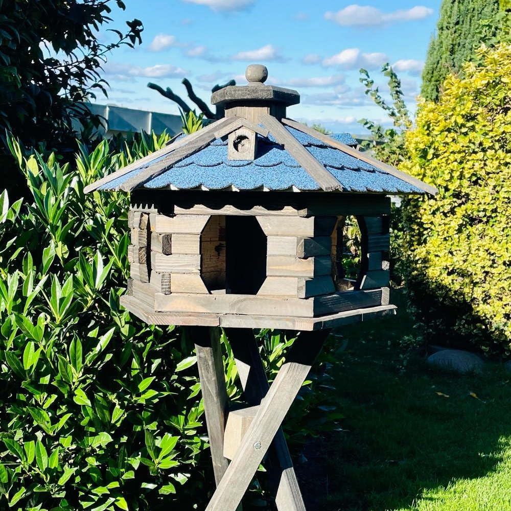 Vogelfutterhaus XL Sechseck Vogelhaus + Ständer Futterstelle Braun/Blau XL mit Ständer Dunkelbraun -