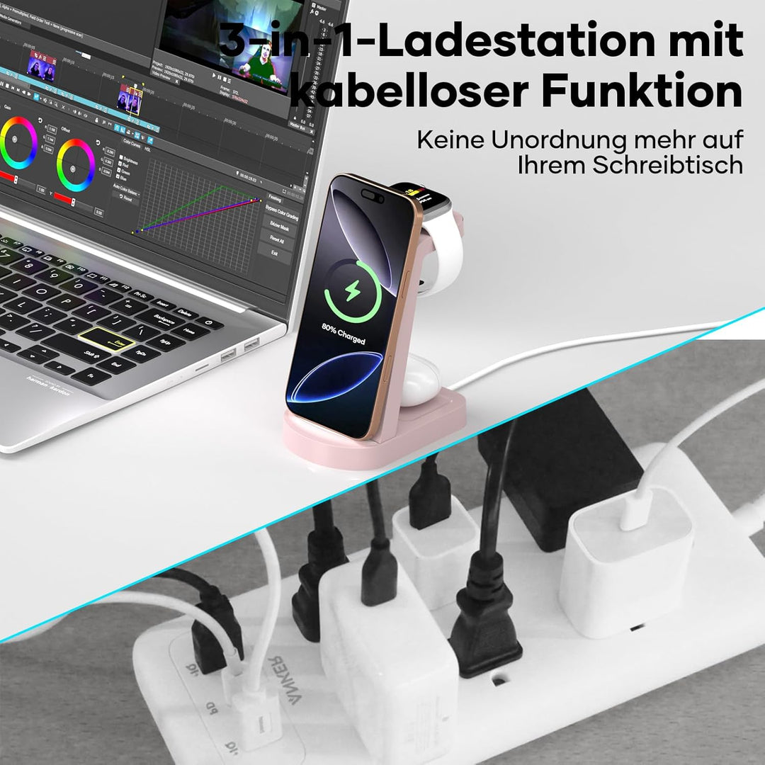Kabellose Ladestation,3 in 1 Ladestation Kabelloses Ladegerät(Mit 18W Adapter) Wireless Charger komp