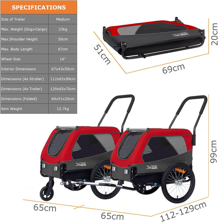 Tiggo VS Medium Hundeanhänger &amp; Buggy 2in1 Fahrradanhänger Hundebuggy Jogger für Hunden bis 23kg Rot