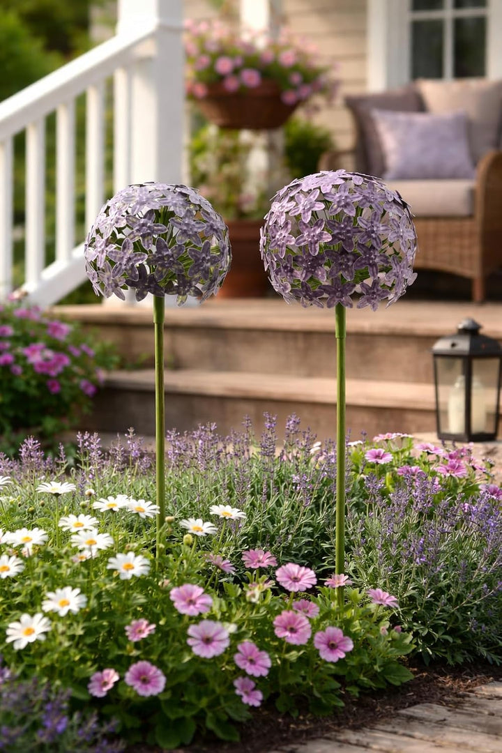 Allium Gartenstecker | 16x16cm &amp; 20x20cm | 2er Set | Purple violett Metall | Gartendeko | Rankhilfe