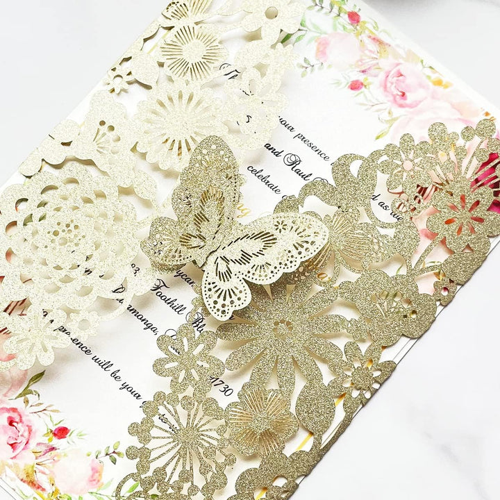 Hosmsua 20 x Blanko-Champagner-Gold-Glitzer-Hochzeitseinladungskarten mit Schmetterlingsspitze, Flor