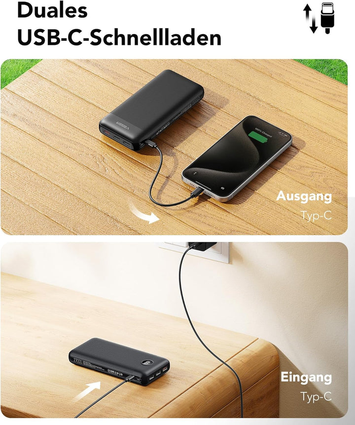 VEGER Power Bank 27000mAh 20W PD, Powerbank USB C Externer Handyakkus mit 4 Ausgängen und 2 Eingänge