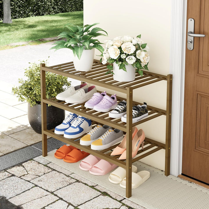 smiry Schuhregal mit 3 Ebenen, Platzsparende Schuhablage, Stapelbar Schuhorganizer, Bambus Regal für