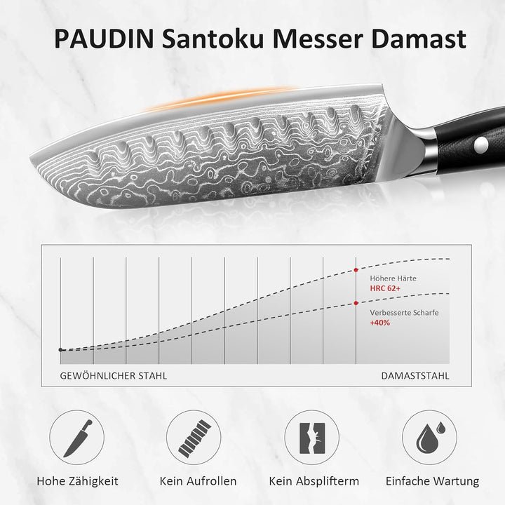 PAUDIN Damastmesser santoku messer 13 CM, Profi Damast Küchenmesser für Küche, Extrem Scharf Kohcmes
