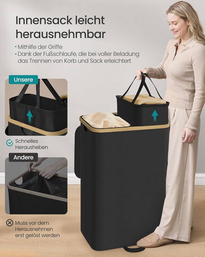 SONGMICS Wäschekorb mit Deckel, Wäschesammler, Wäschesortierer, Wäschetonne, Wäschesack herausnehmba