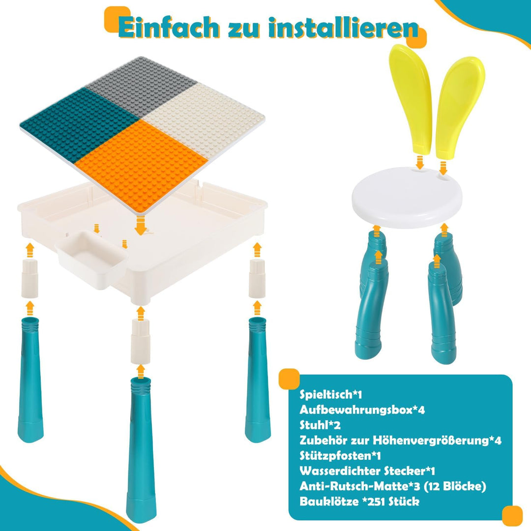 Kindertisch mit 2 stühlen mit Stauraum & 251 Bausteinen,Kinder Tisch Stuhl Set, 4-in-1 Multifunktion