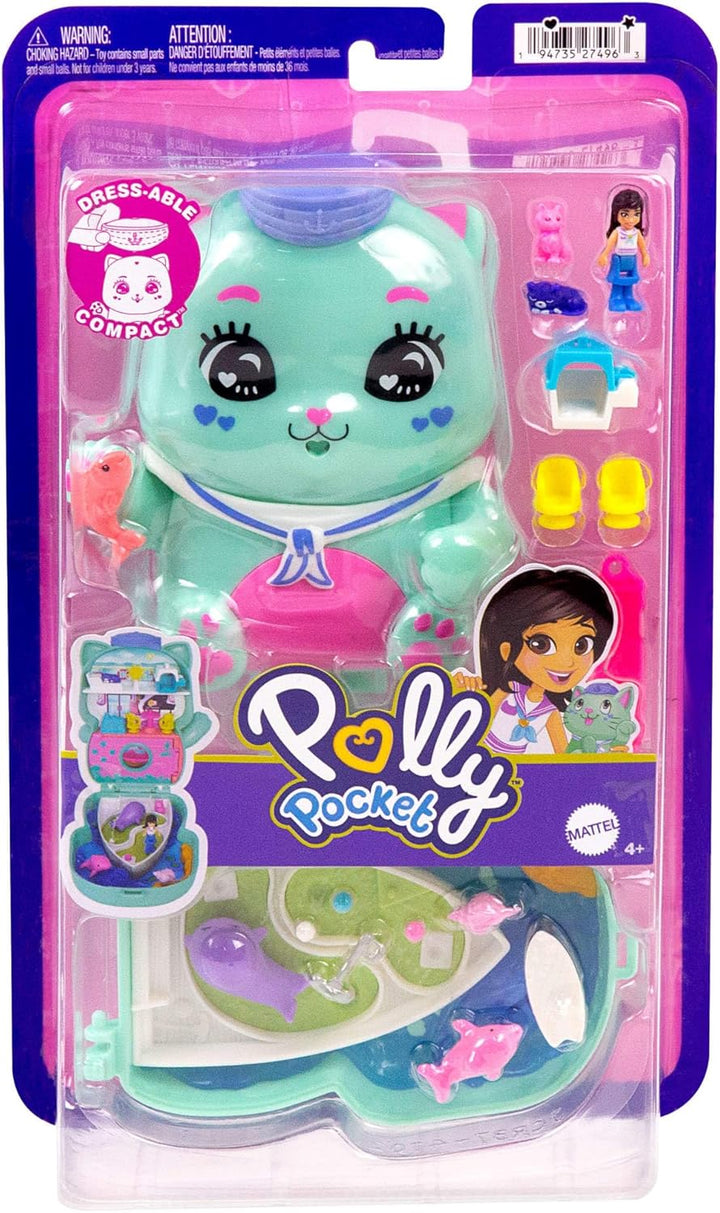Polly Pocket Puppen und Spielset, Matrosenkatze-Schatulle, Spielzeug für unterwegs mit 1 kleinen Pup