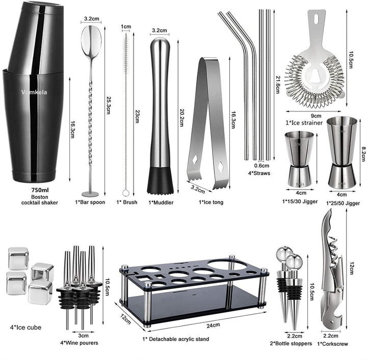 Cocktail Shaker Set,Boston Cocktail Shaker mit Ständer,25pcs Bar Zubehör Barkeeper Cocktail Mixer Zu