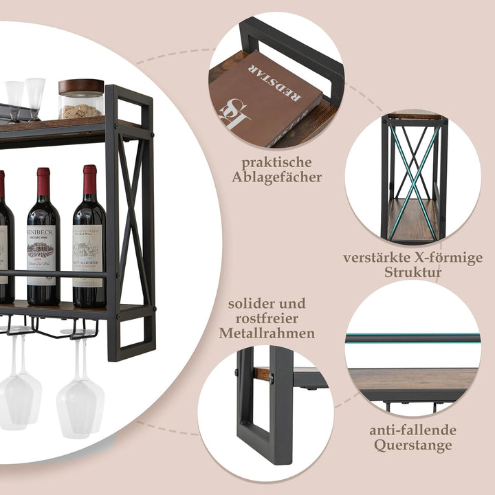 COSTWAY 2 Ebenen Weinregal Wand, Flaschenregal Holz mit Metallrahmen, mit 3 Reihen Weingläserhalter,