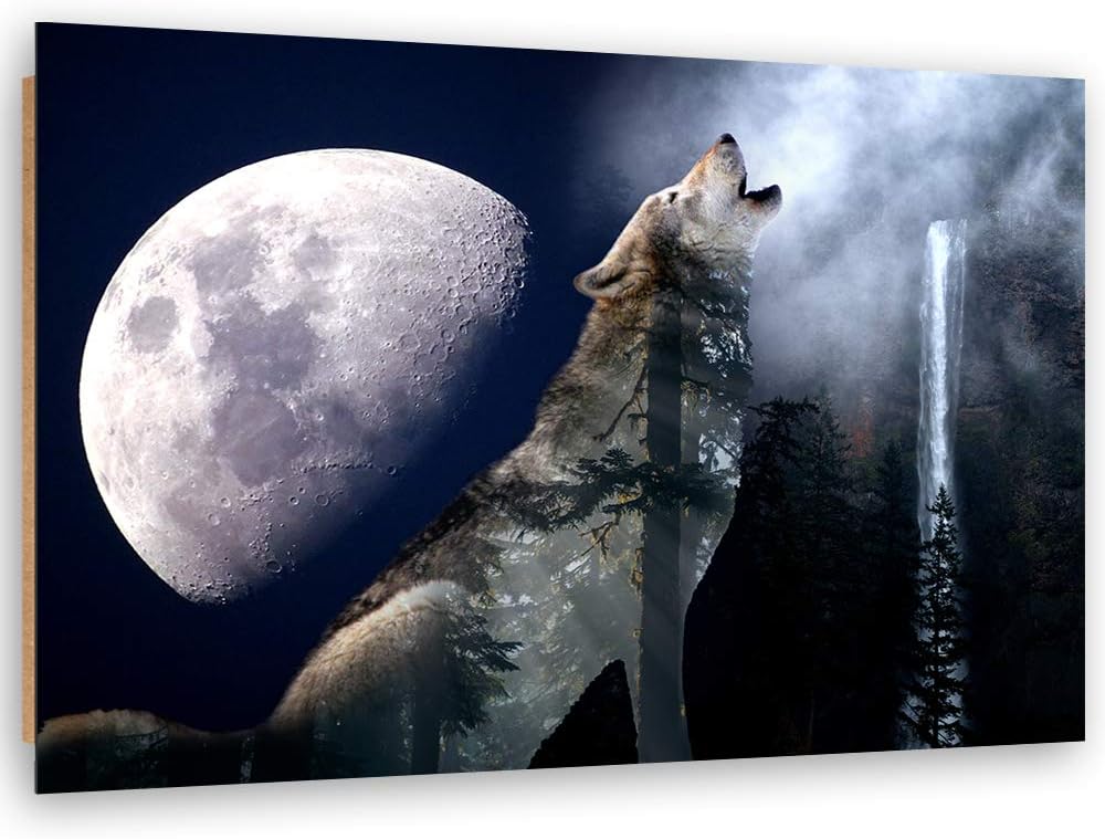 Feeby Wanddeko Wald Kunst modern Bilder Wolf Blau 100x70 cm Deko Paneel 100x70 cm Blau_c, Deko Panee