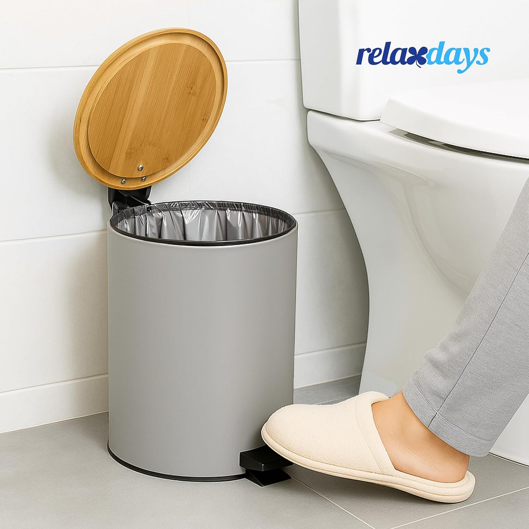 Relaxdays Kosmetikeimer 5 L, Absenkautomatik, Inneneimer entnehmbar, Badmülleimer, Metall, Bambus, m