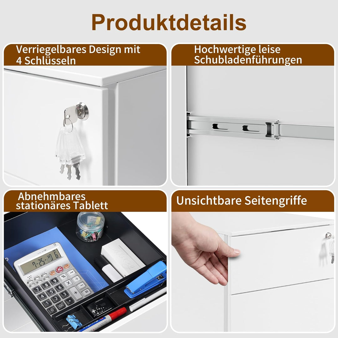 Rollcontainer, Mobiler Aktenschrank mit Schloss, 4 Schlüssel, 4 Schubladen, Metallschrank, Bereits V