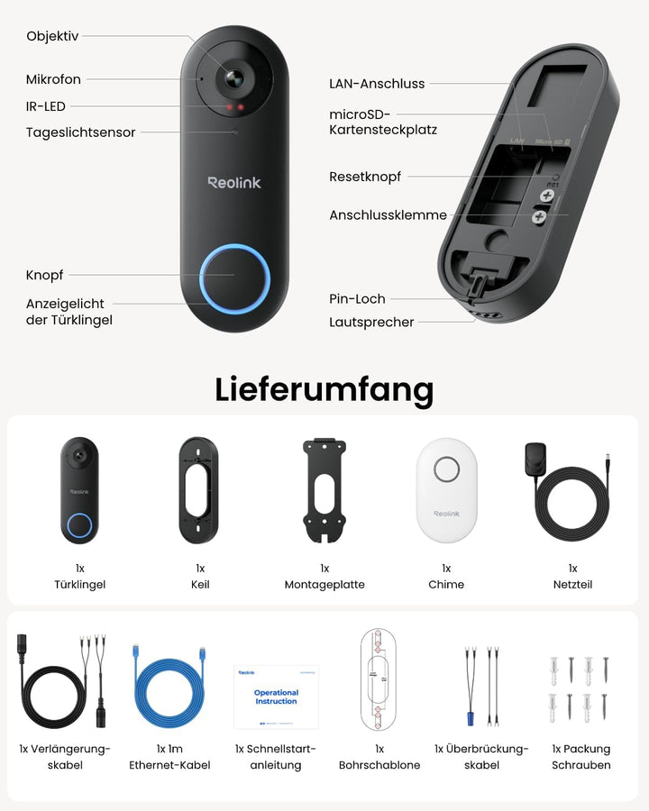 Reolink Video-Türklingel mit Chime, 5MP Ultra HD Kabelgebundene Türklingel mit Kamera, 2,4/5GHz WLAN