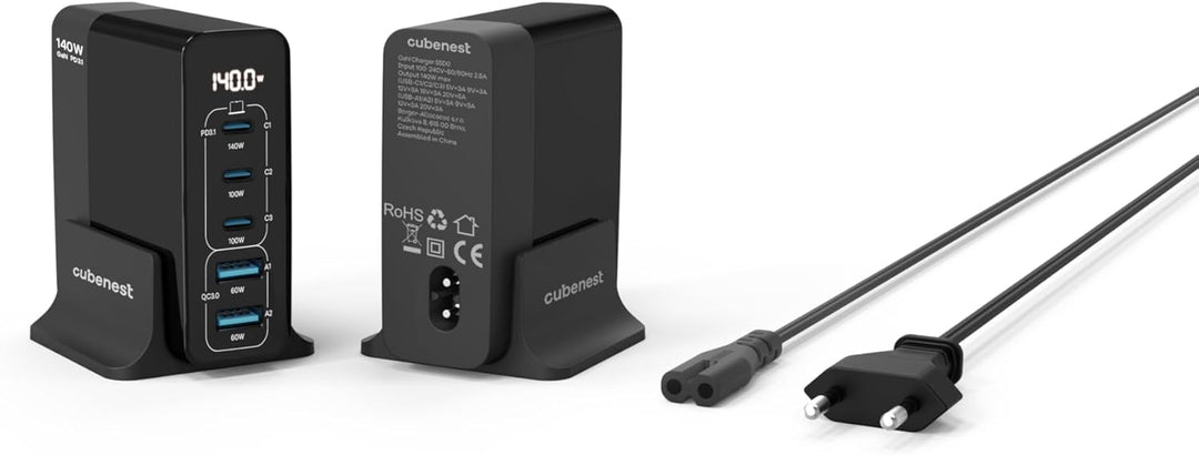 CubeNest 140W USB Ladestation | 2 x USB A + 3 x USB C Ladegerät mit LCD Display | GaN Ladegerät USB