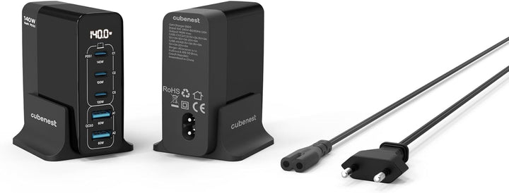 CubeNest 140W USB Ladestation | 2 x USB A + 3 x USB C Ladegerät mit LCD Display | GaN Ladegerät USB