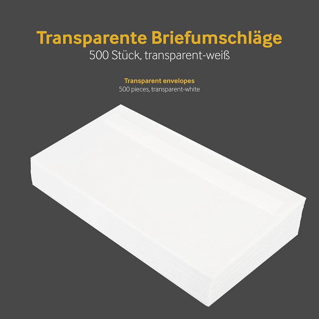 Blanke Briefhüllen, Transparente Briefumschläge, 500 Stück, Haftklebung, Ohne Fenster, Gerade Klappe