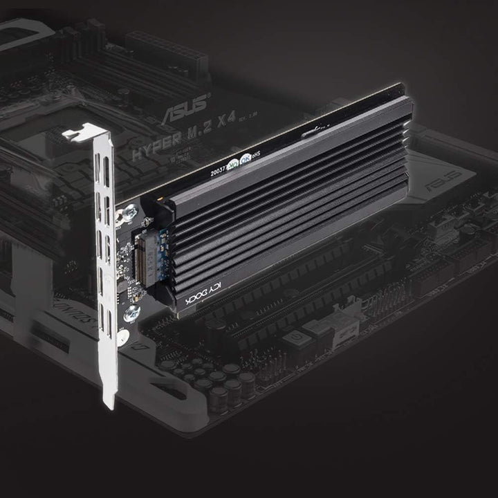 ICY DOCK EZConvert EX Pro MB987M2P-1B nimmt eine M.2 NVMe PCIe SSD bis 110mm Länge in einem PCIe 4.0