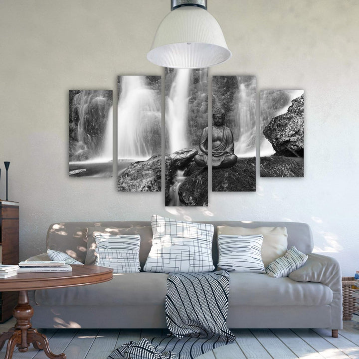 Feeby Leinwandbild 5 Teilig Buddha Bild Wanddeko Wasserfall Natur Schwarzweiss 200x100 cm Leinwandbi