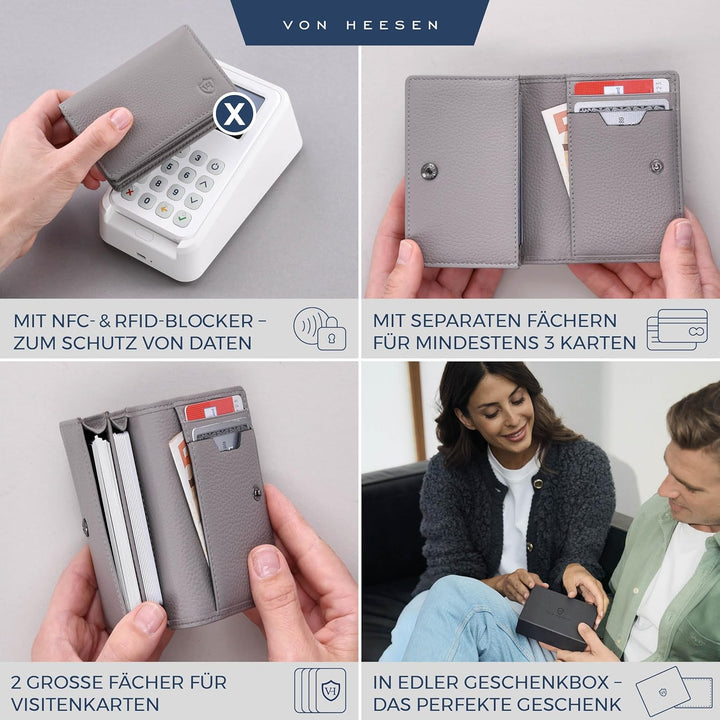 VON HEESEN® Visitenkartenetui Leder mit RFID-Schutz - Platz für 50 Visitenkarten - 6 Fächer - Visite