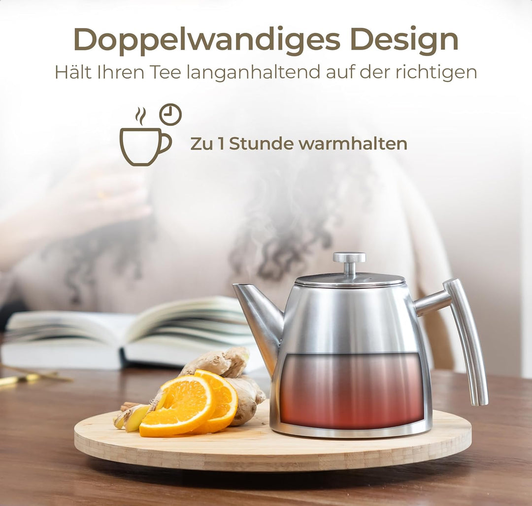 Teekanne, 1L Doppelwandig Aus Grau Edelstahl Mit Siebeinsatz, Mit Stövchen, Tea Maker, Teekanne Edel