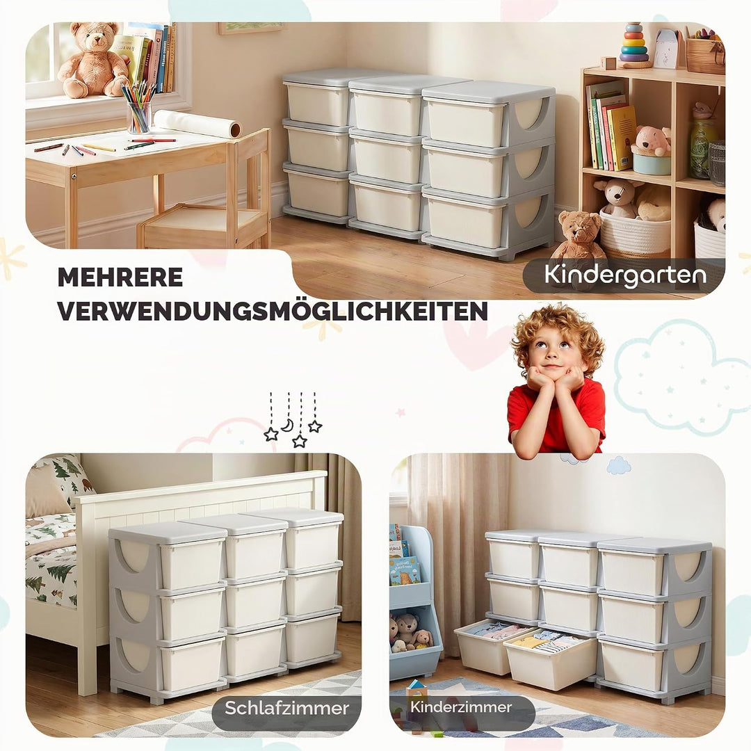 HOMCOM Aufbewahrungseinheiten aus Kunststoff, 9 Schubladen, 3 Etagen, Kinderspielzeugtruhe für Kinde