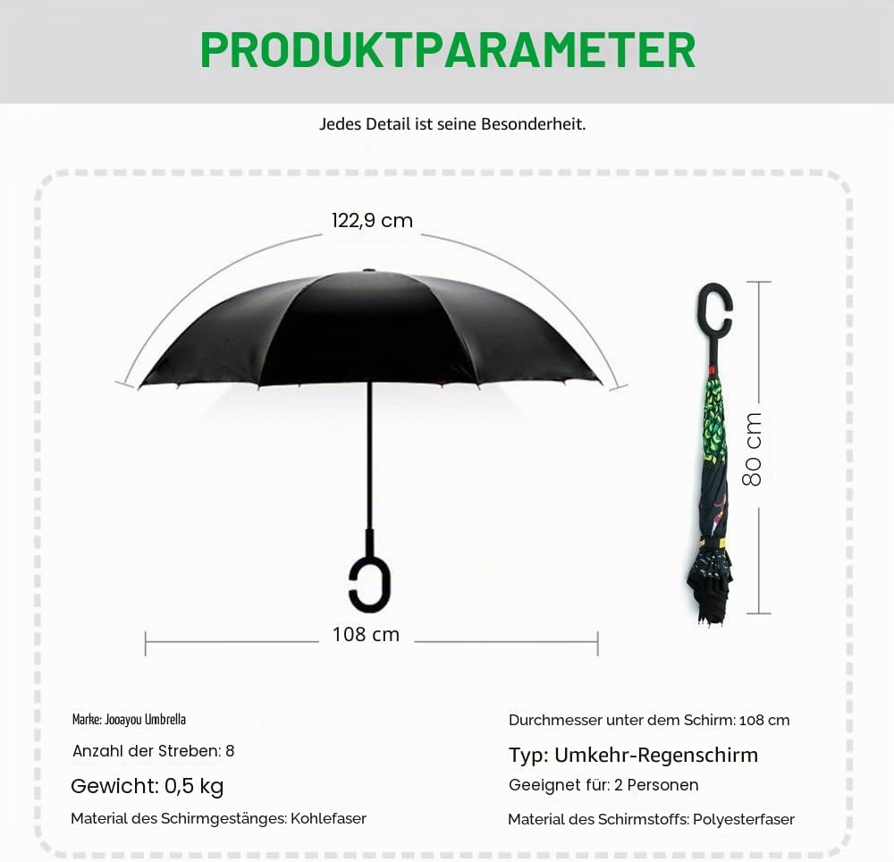 Jooayou Umdrehbarer Regenschirm mit 2 Flächen, C-förmiger Griff, rückseitig faltbarer Regenschirm, A