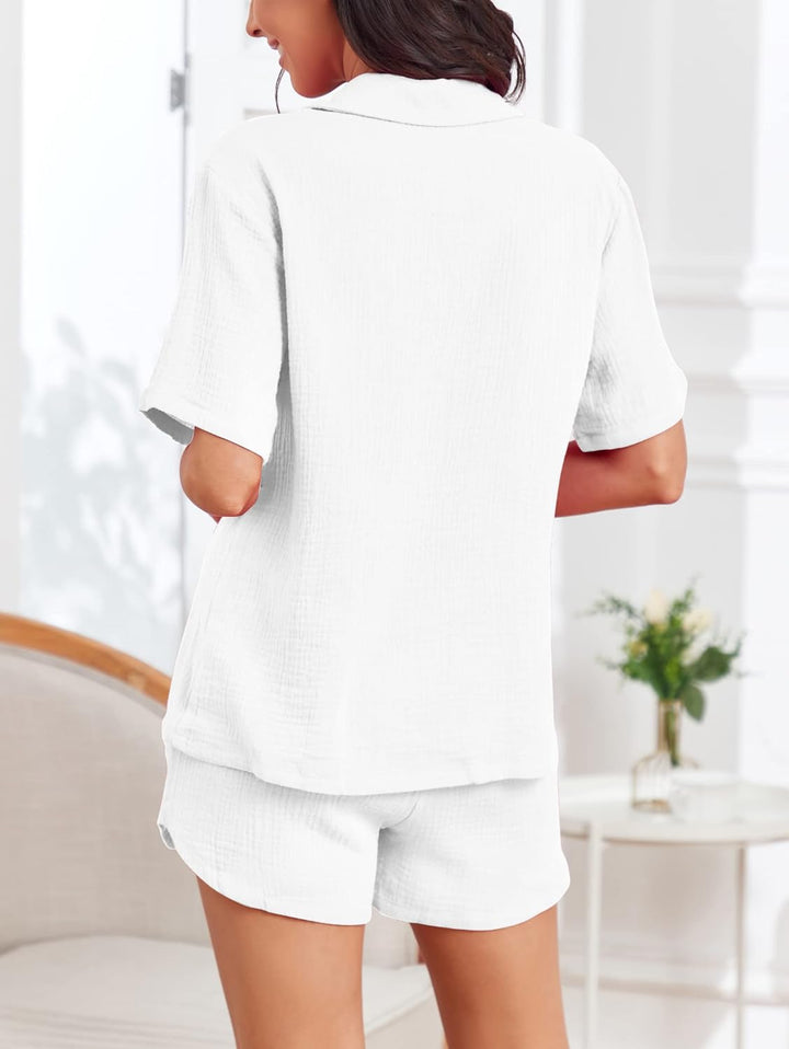 Famulily 100% Baumwolle Damen Schlafanzug Kurz Set V Ausschnitt Kurzarm Bluse mit Knöpfen und Shorts