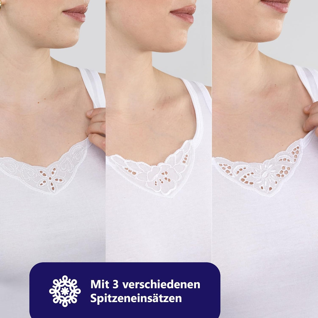 SES Top mit Spitze Damen 3er-Pack 34-52 aus 100% Baumwolle/Damen Unterhemden mit Spitze & weicher Fe
